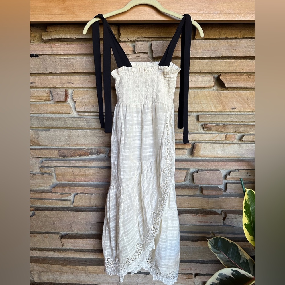 Valiánte White Cotton Lace Dress with Black Ribbon Tie Straps
